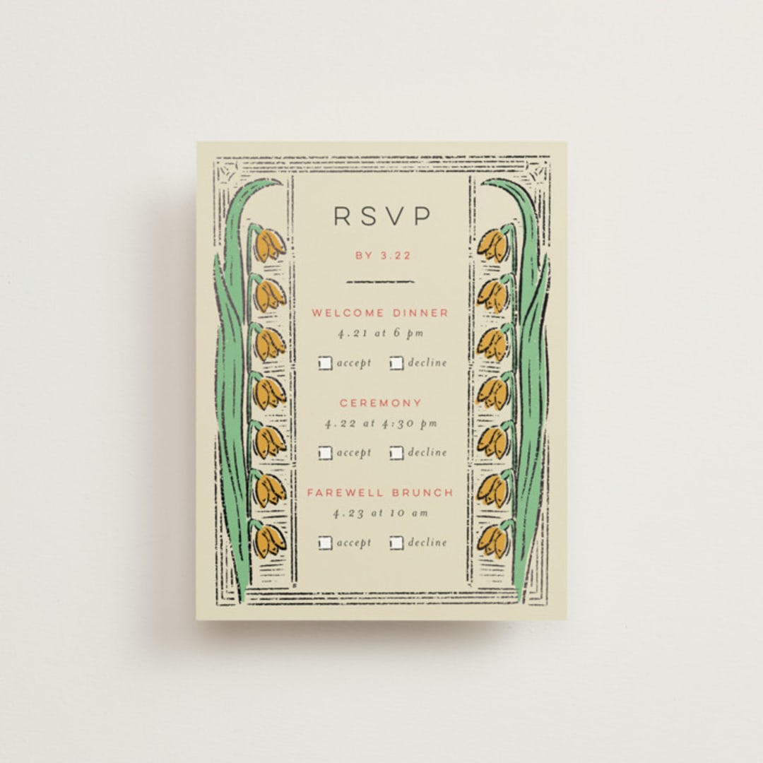 "Deco Spring Florals" - Foil-Pressed Multi-Event RSVP Cards in Birch by Shiny Penny Studio - Front