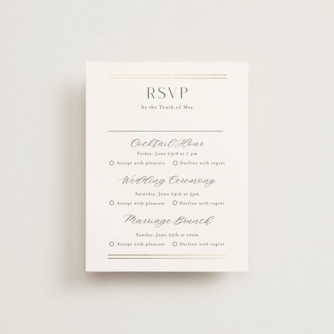 "Perfect Pair" - Foil-Pressed Multi-Event RSVP Cards in Olive by Stacey Meacham - Front