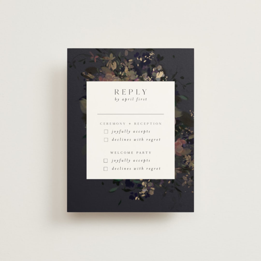 "Vintage Rose Garden" - Foil-Pressed Multi-Event RSVP Cards in Midnight by Grace Kreinbrink - Front