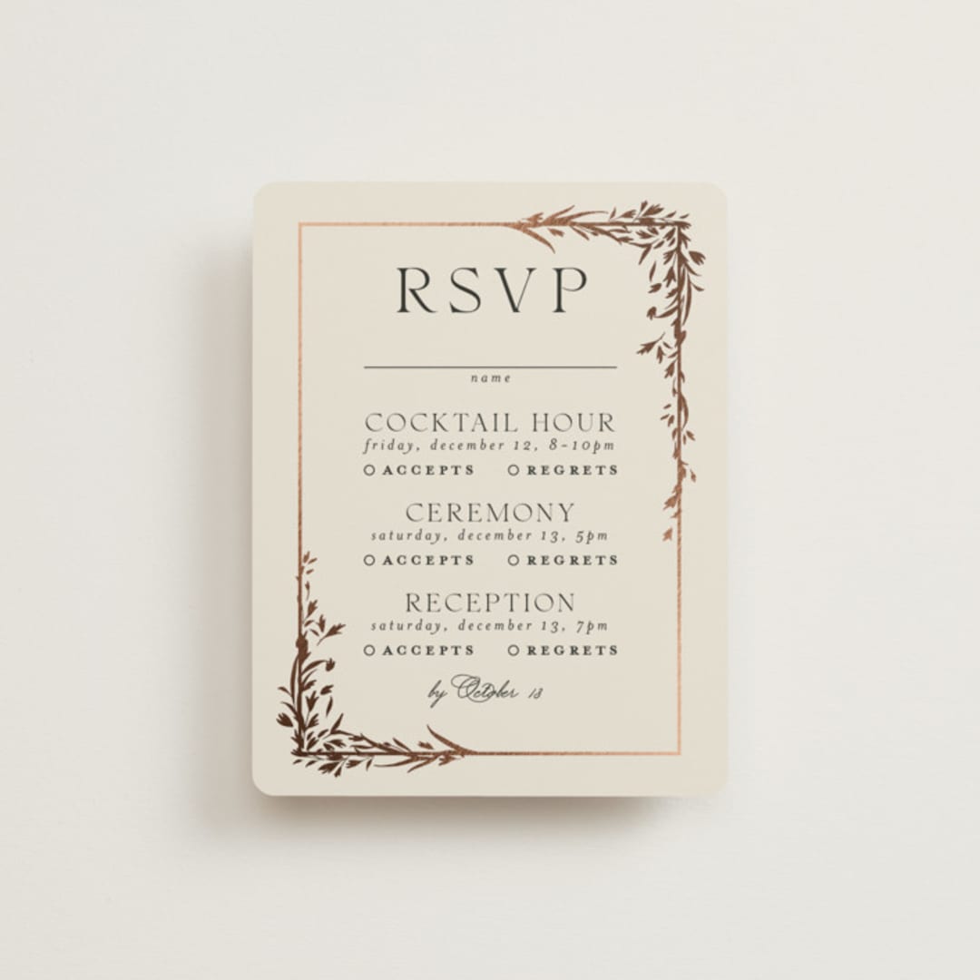"Trailing Vines" - Foil-Pressed Multi-Event RSVP Cards in Almond by Erin L. Wilson - Front