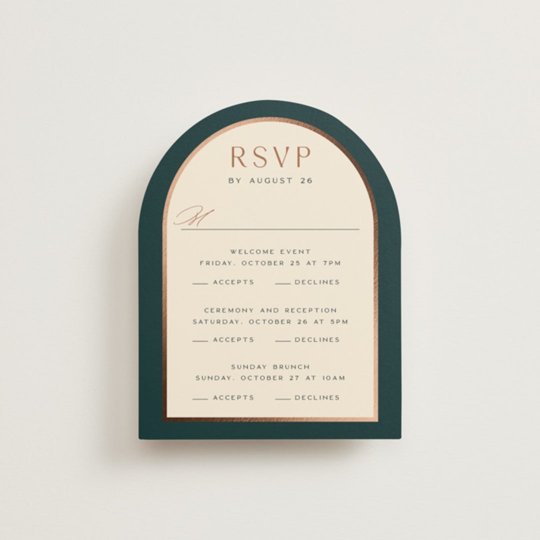 "Autumnal Arch" - Foil-Pressed Multi-Event RSVP Cards in Deep Sea by Erin German - Front