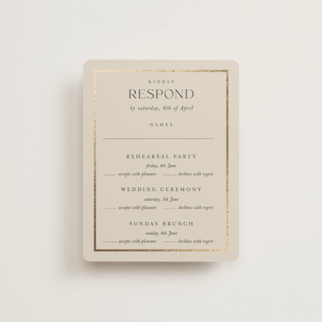 "Timeless Charm" - Foil-Pressed Multi-Event RSVP Cards in Charcoal by Lucrecia Caporale - Front