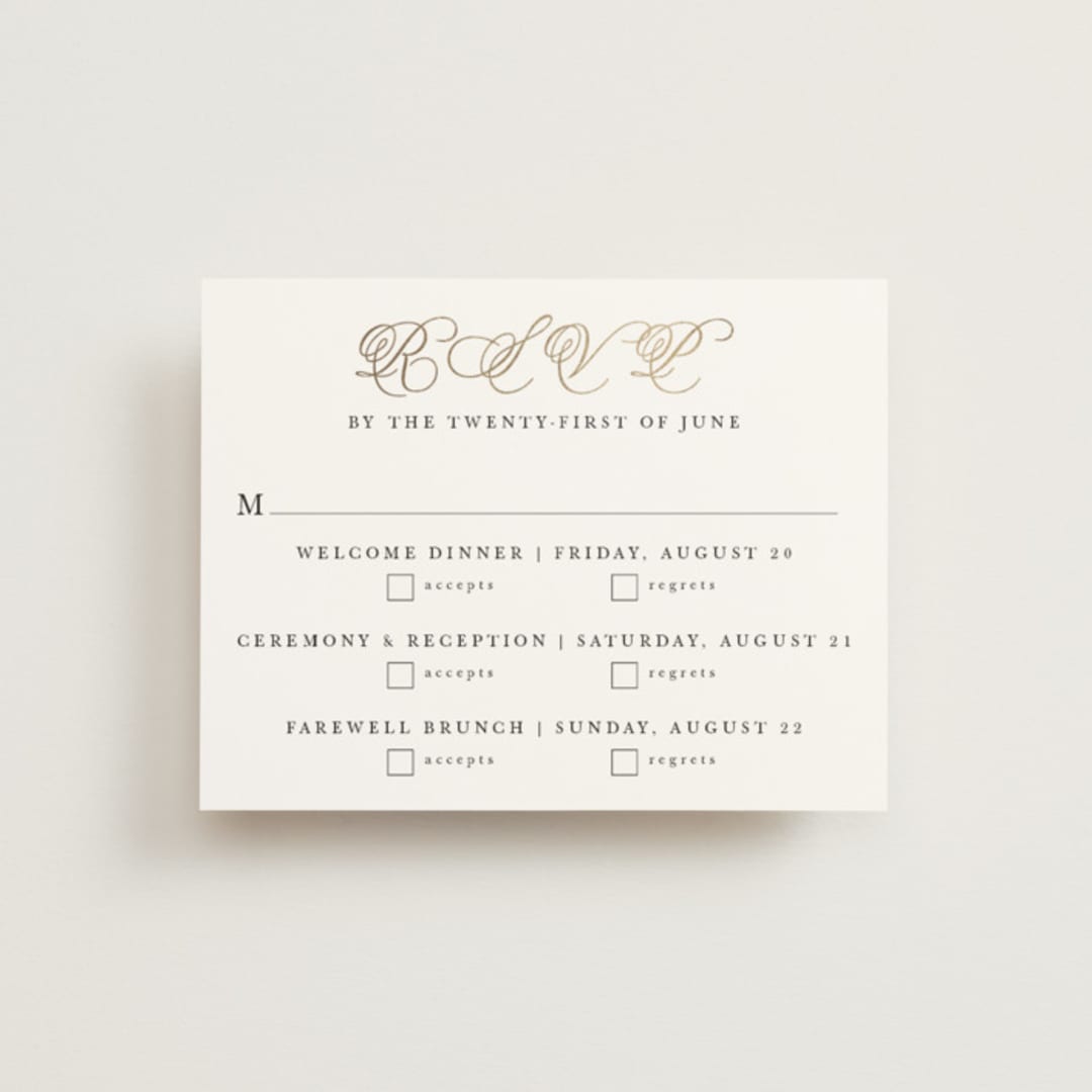 "Traditionalist" - Foil-Pressed Multi-Event RSVP Cards in Snow by Sarah Brown - Front