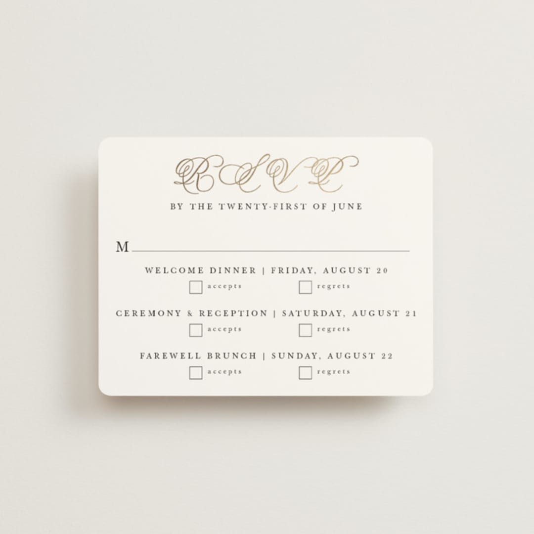 "Traditionalist" - Foil-Pressed Multi-Event RSVP Cards in Snow by Sarah Brown - Front