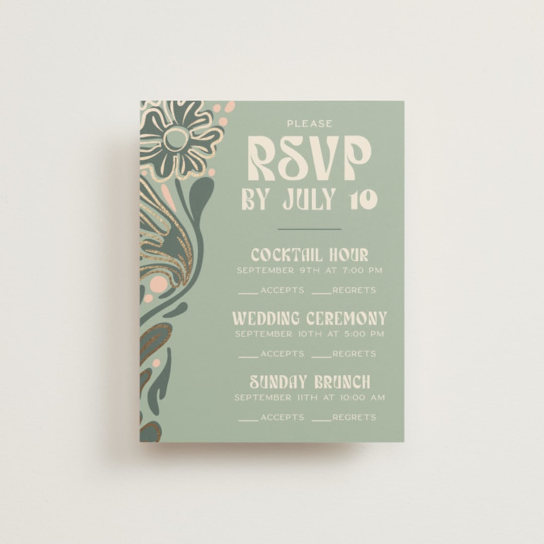 "Nouveau Frame" - Foil-Pressed Multi-Event RSVP Cards in Sage by GeekInk Design - Front