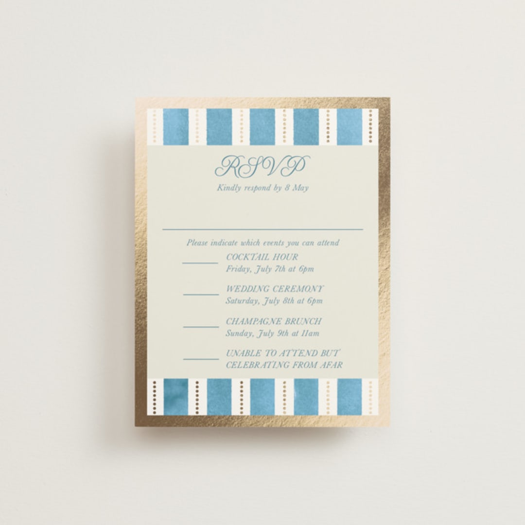 "Knightsbridge" - Foil-Pressed Multi-Event RSVP Cards in Sky by Jackie Crawford - Front