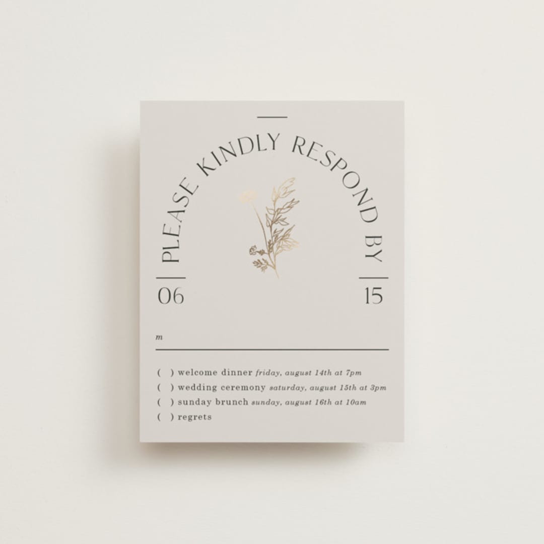 "Floral Type Arch" - Foil-Pressed Multi-Event RSVP Cards in Linen by Baumbirdy - Front