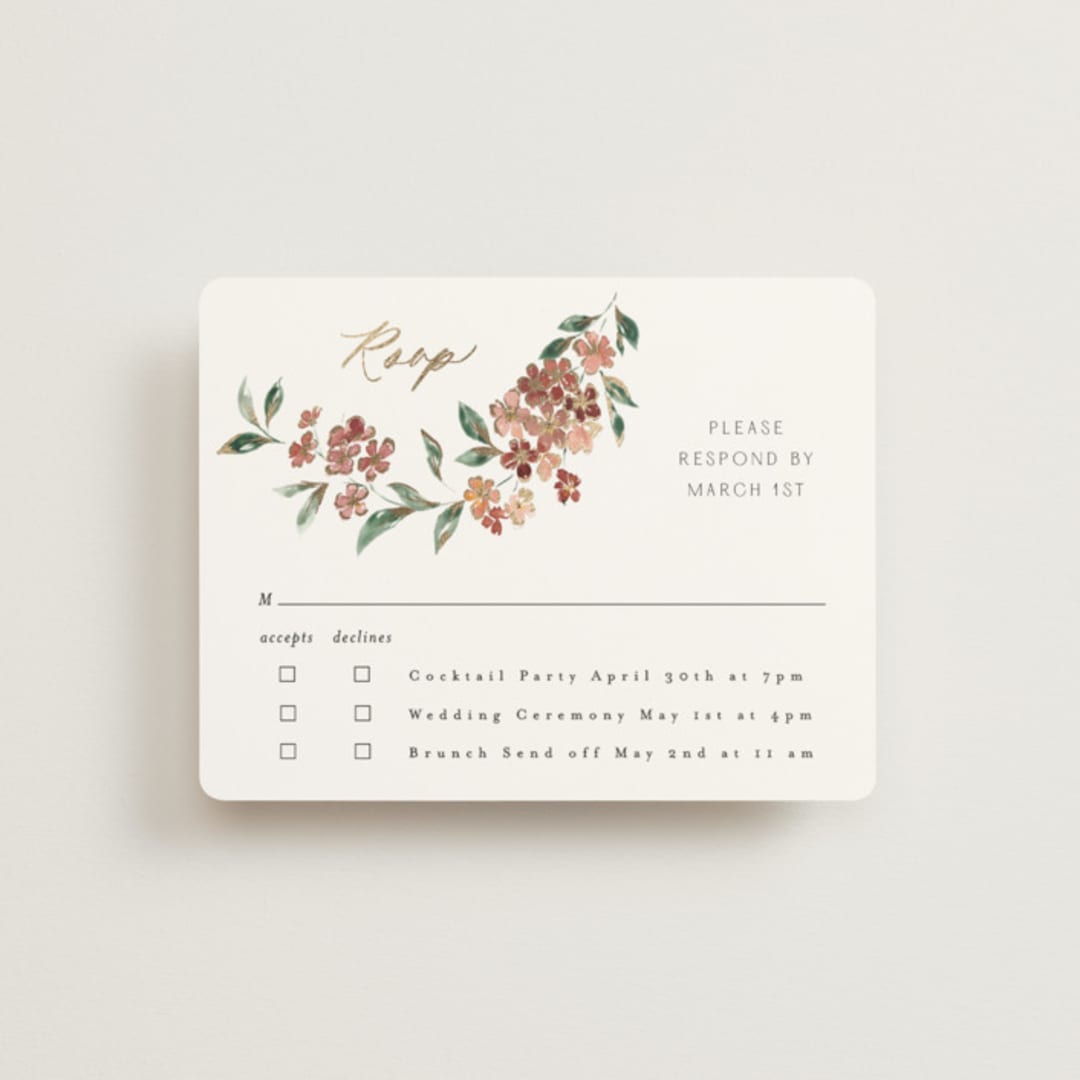 "Sweeping Vine" - Foil-Pressed Multi-Event RSVP Cards in Dusty Rose by Itsy Belle Studio - Front