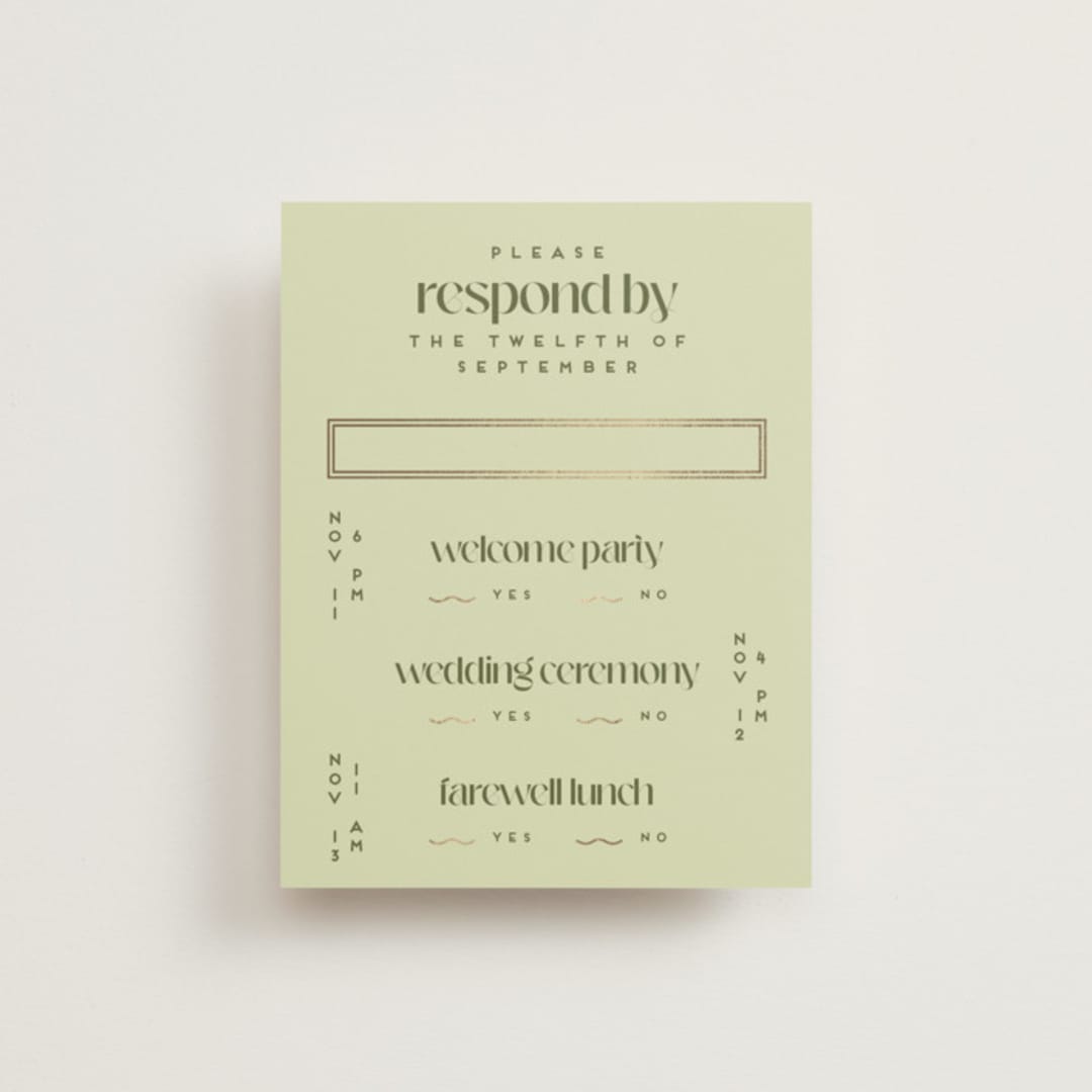 "News!" - Foil-Pressed Multi-Event RSVP Cards in Kiwi by Claudia Orengo - Front