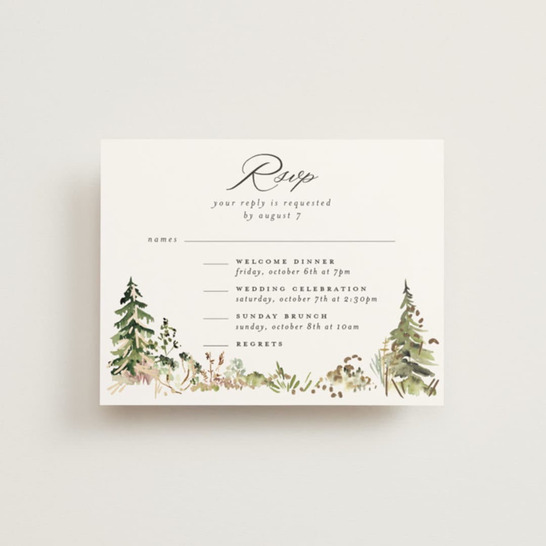 "Great Outdoors" - Foil-Pressed Multi-Event RSVP Cards in Forest by Petra Kern - Front