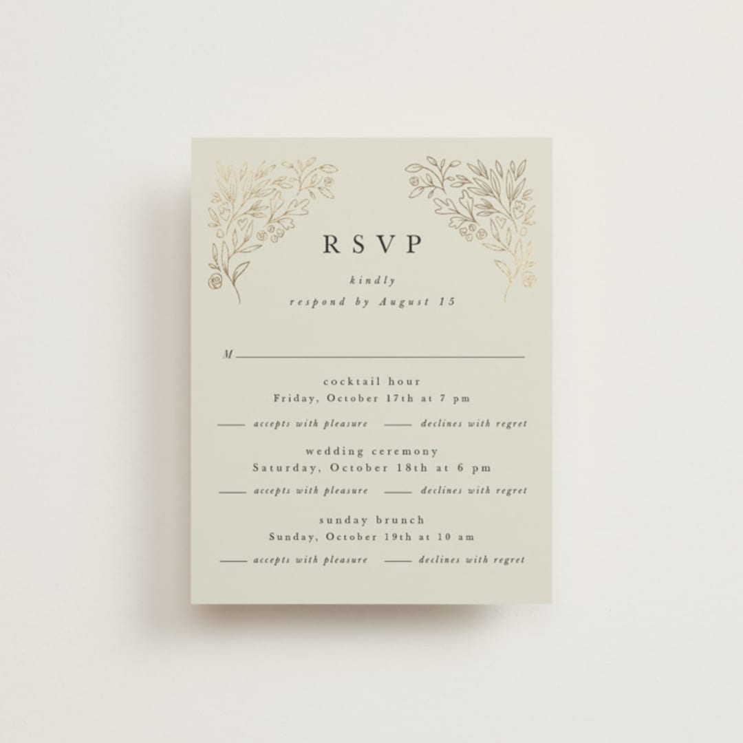 "Foil Botanical Frame" - Foil-Pressed Multi-Event RSVP Cards in Taupe by Hannah Williams - Front