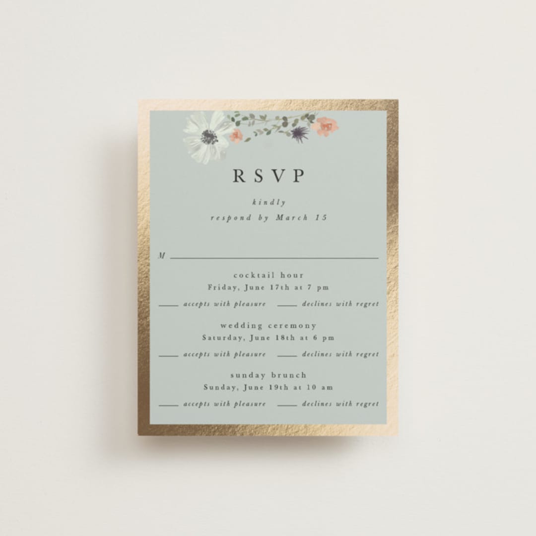 "Blue Garden" - Foil-Pressed Multi-Event RSVP Cards in Mist by Hannah Williams - Front