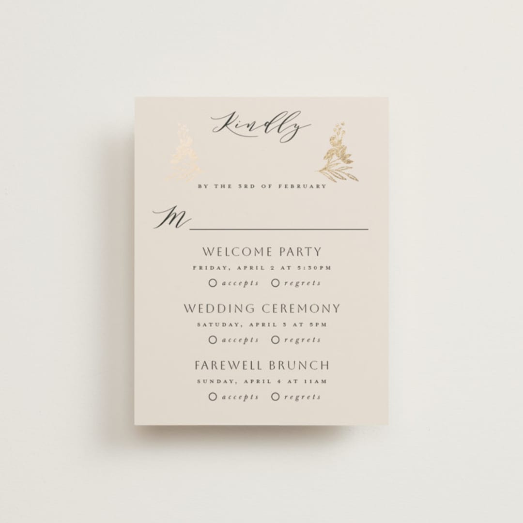"Floral Border" - Foil-Pressed Multi-Event RSVP Cards in Champagne by Leah Bisch - Front
