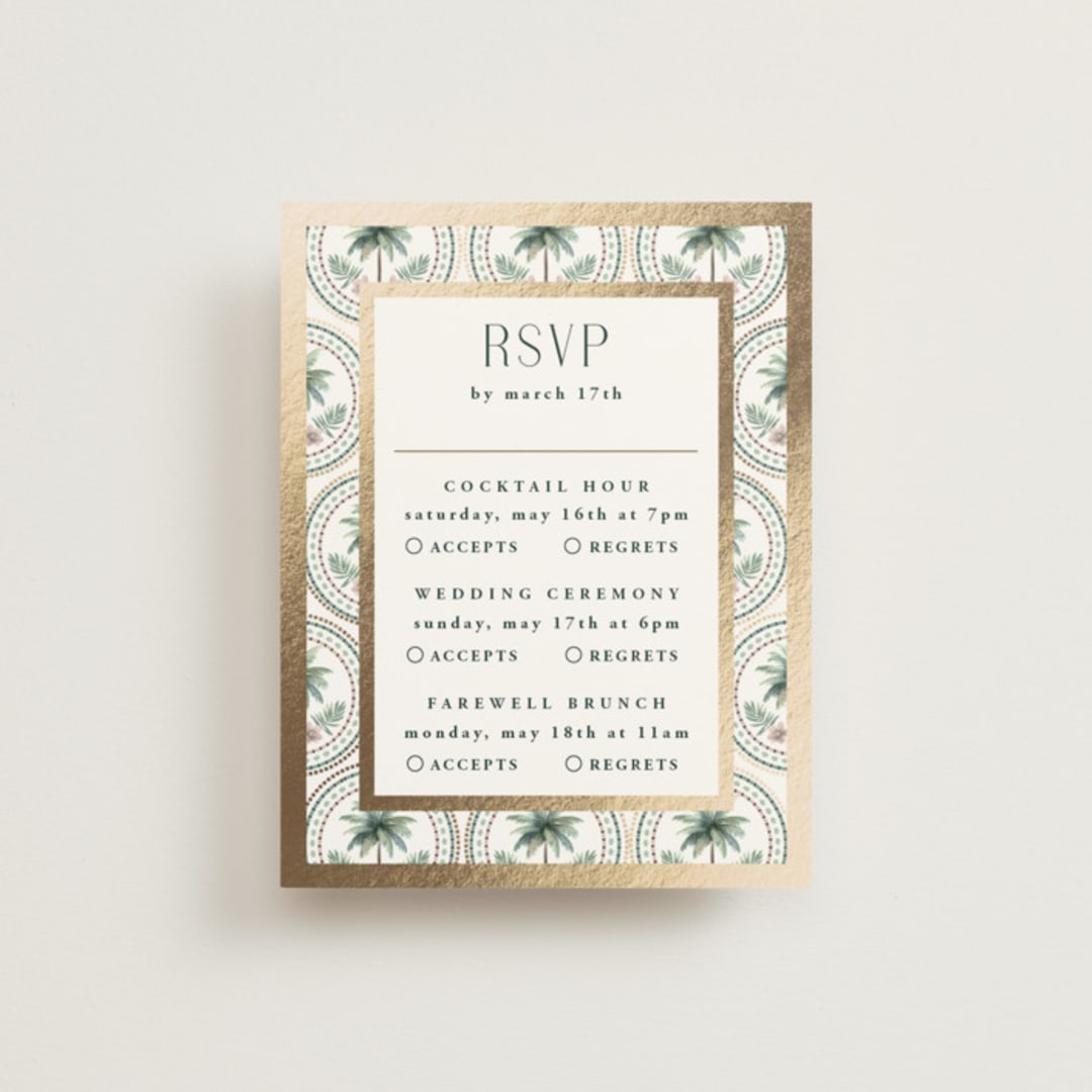 "Vintage Palms" - Foil-Pressed Multi-Event RSVP Cards in Sand by Maria Alou - Front