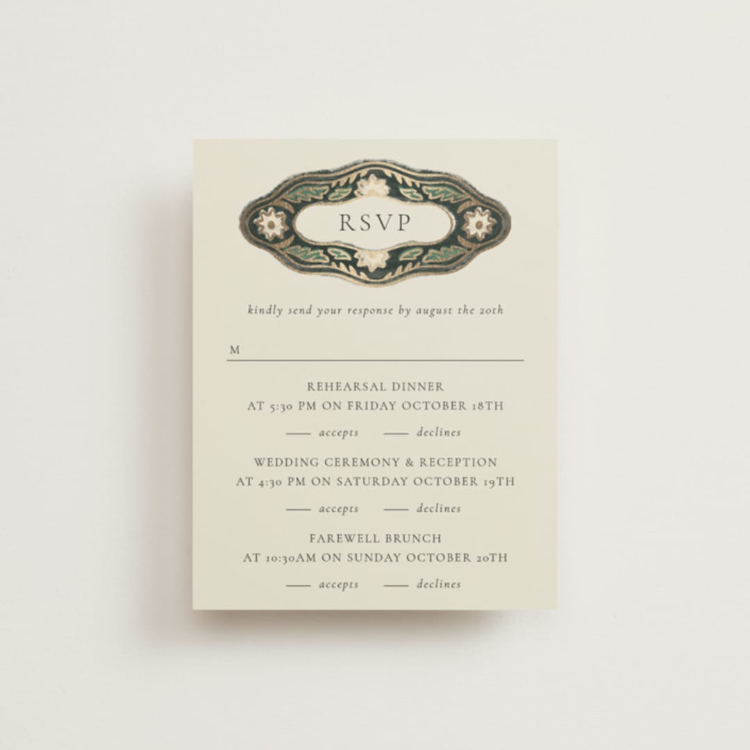"Frame" - Foil-Pressed Multi-Event RSVP Cards in Emerald by Jen Owens - Front