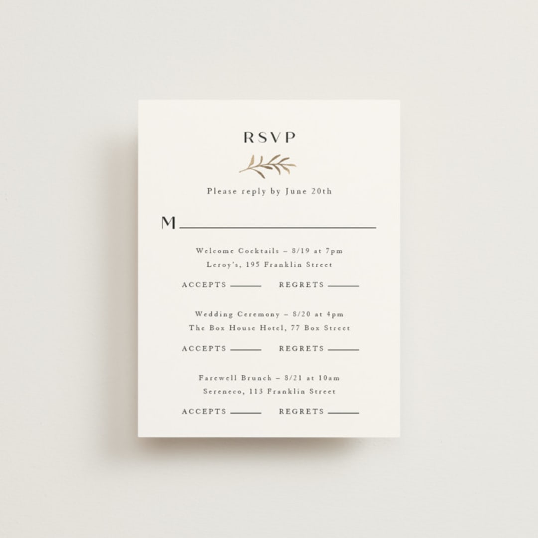 "Petite Sprig" - Foil-Pressed Multi-Event RSVP Cards in Black Dahlia by Olivia Raufman - Front