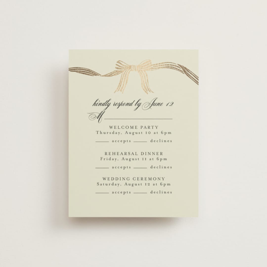 "All Tied Up" - Foil-Pressed Multi-Event RSVP Cards in Champagne by Chris Griffith - Front