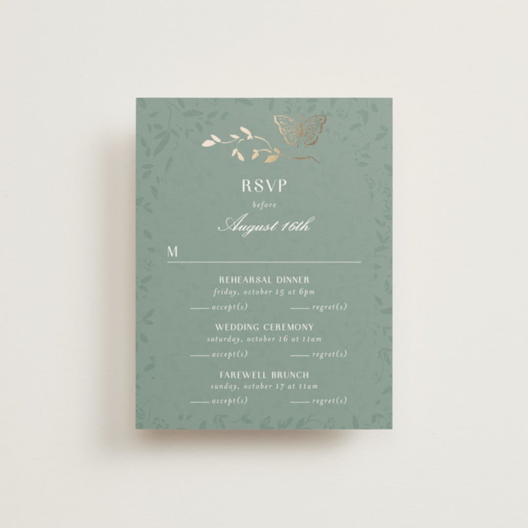 "Southern Romance" - Foil-Pressed Multi-Event RSVP Cards in Eucalyptus by Simona Camp - Front