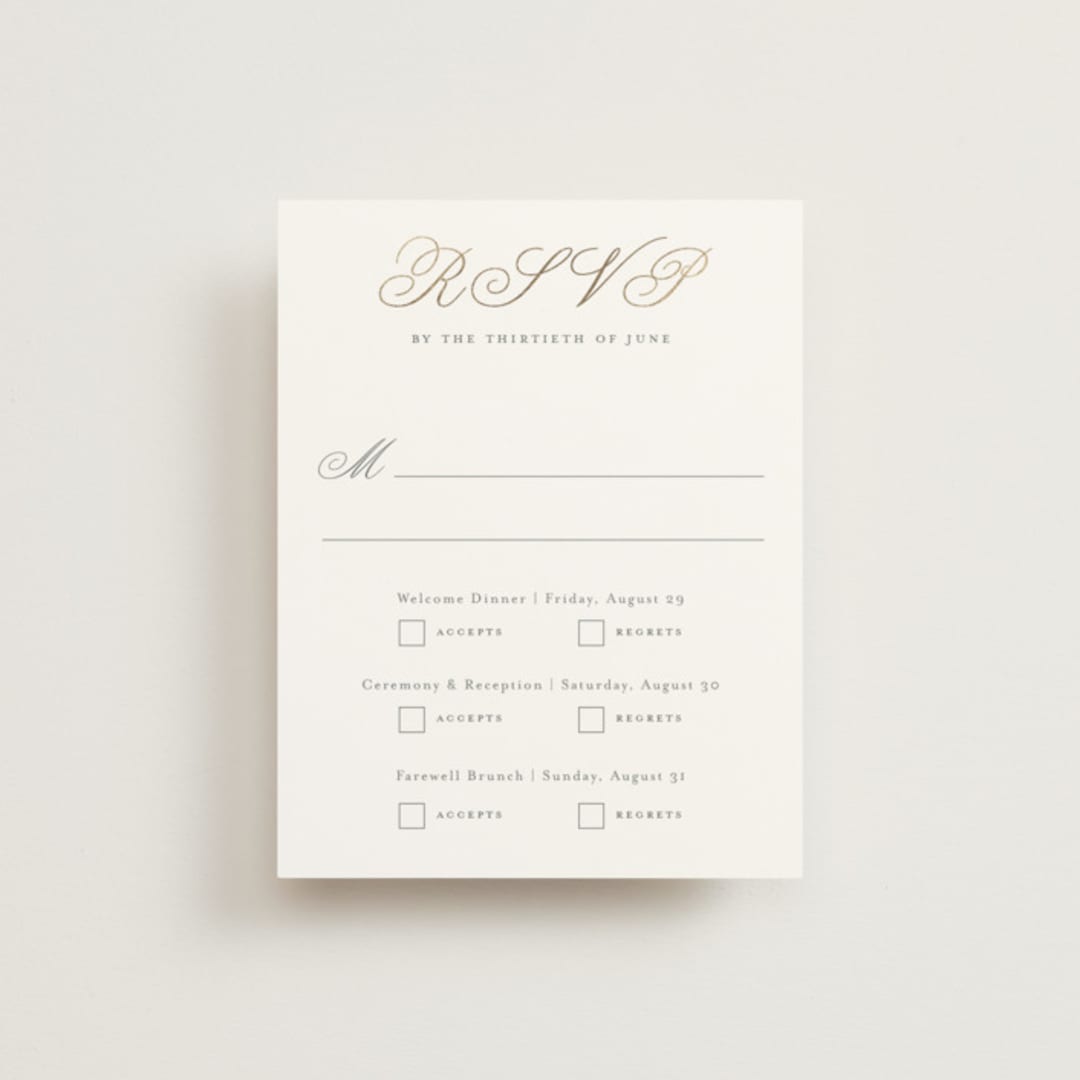 "Formally" - Foil-Pressed Multi-Event RSVP Cards in Mist by Sarah Brown - Front