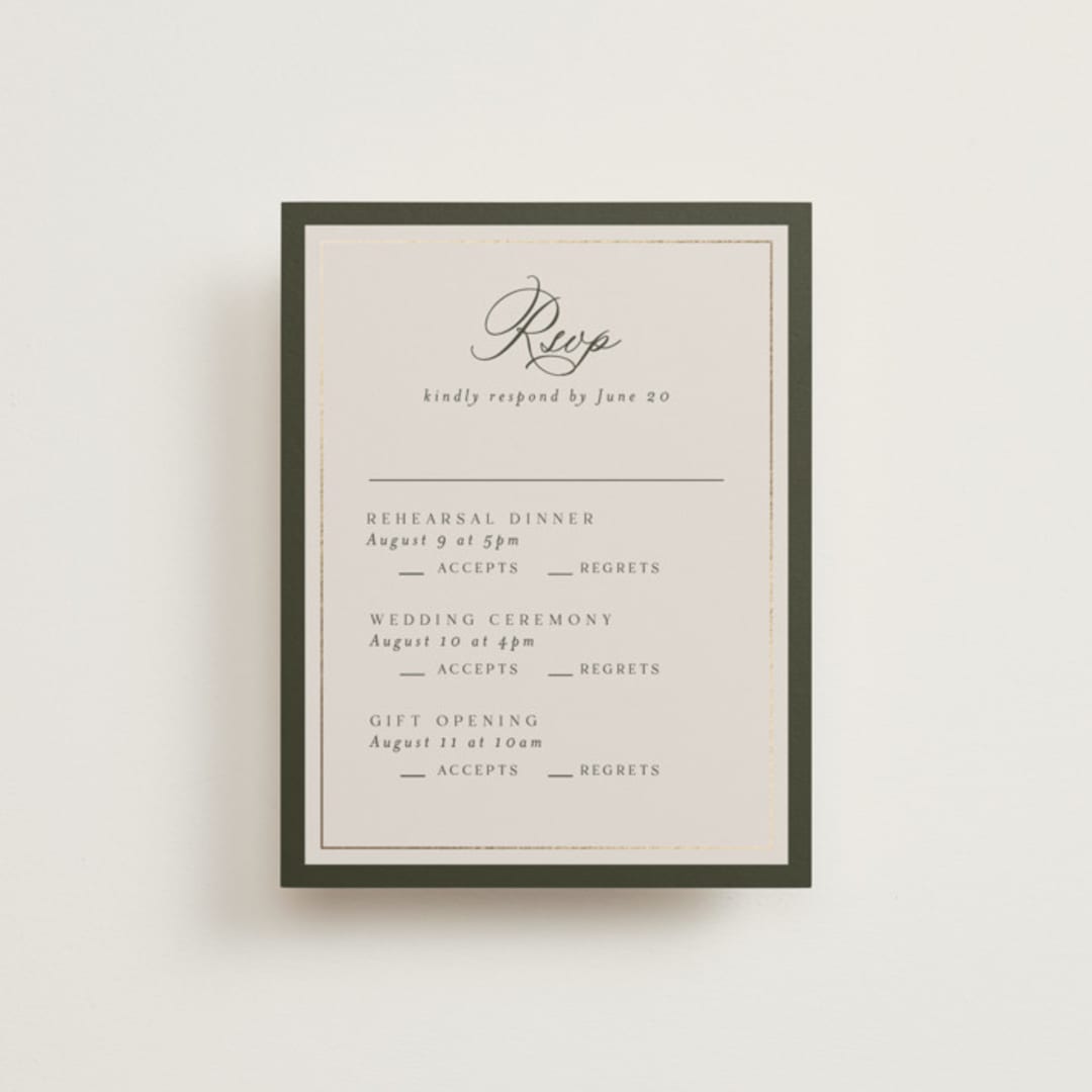 "refined" - Foil-Pressed Multi-Event RSVP Cards in Deep Olive by Nicole Walsh - Front