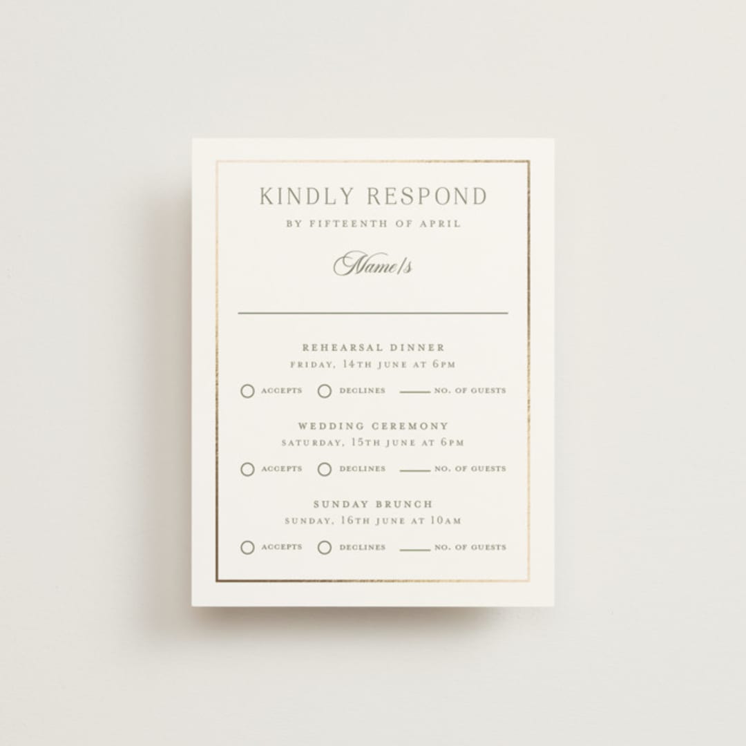 "Country Elegance" - Foil-Pressed Multi-Event RSVP Cards in Sage Green by Lucrecia Caporale - Front