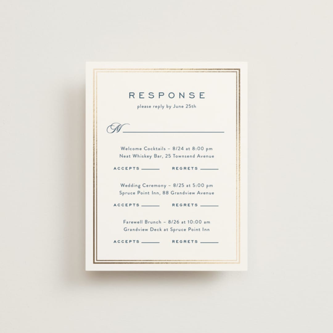 "Anchored" - Foil-Pressed Multi-Event RSVP Cards in Royal Navy by Olivia Raufman - Front