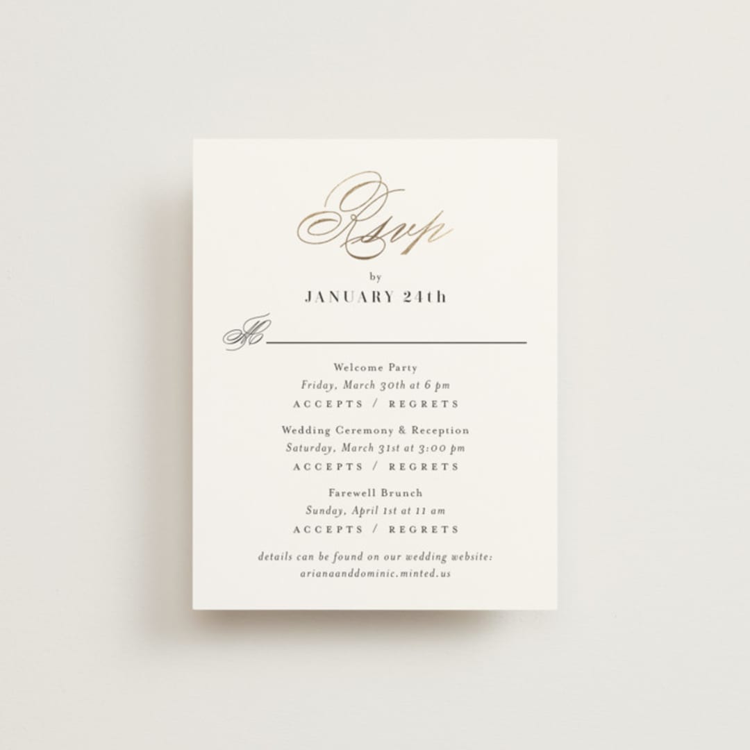 "Gilded Ampersand" - Foil-Pressed Multi-Event RSVP Cards in Cotton by Jennifer Postorino - Front