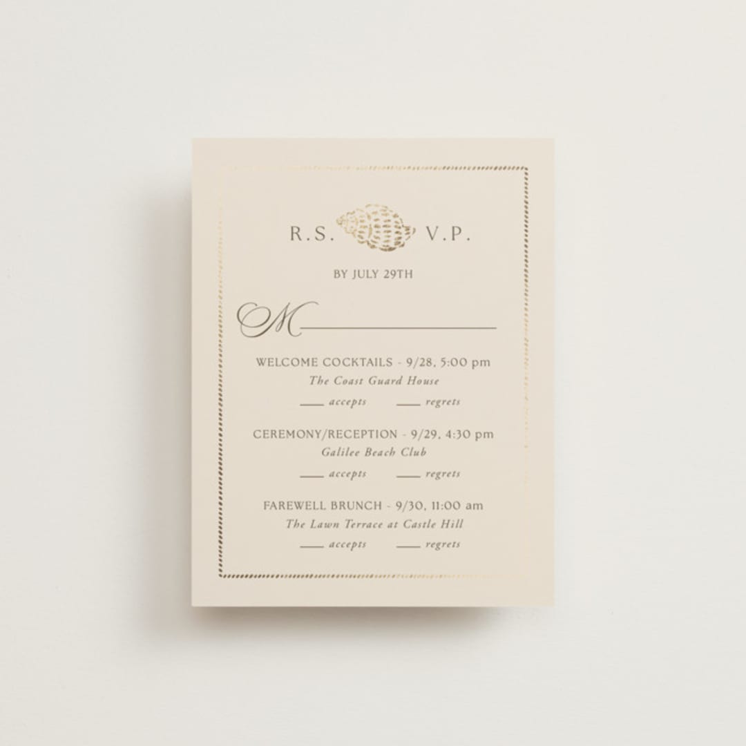 "Seaside" - Foil-Pressed Multi-Event RSVP Cards in Champagne by Griffinbell Paper Co. - Front