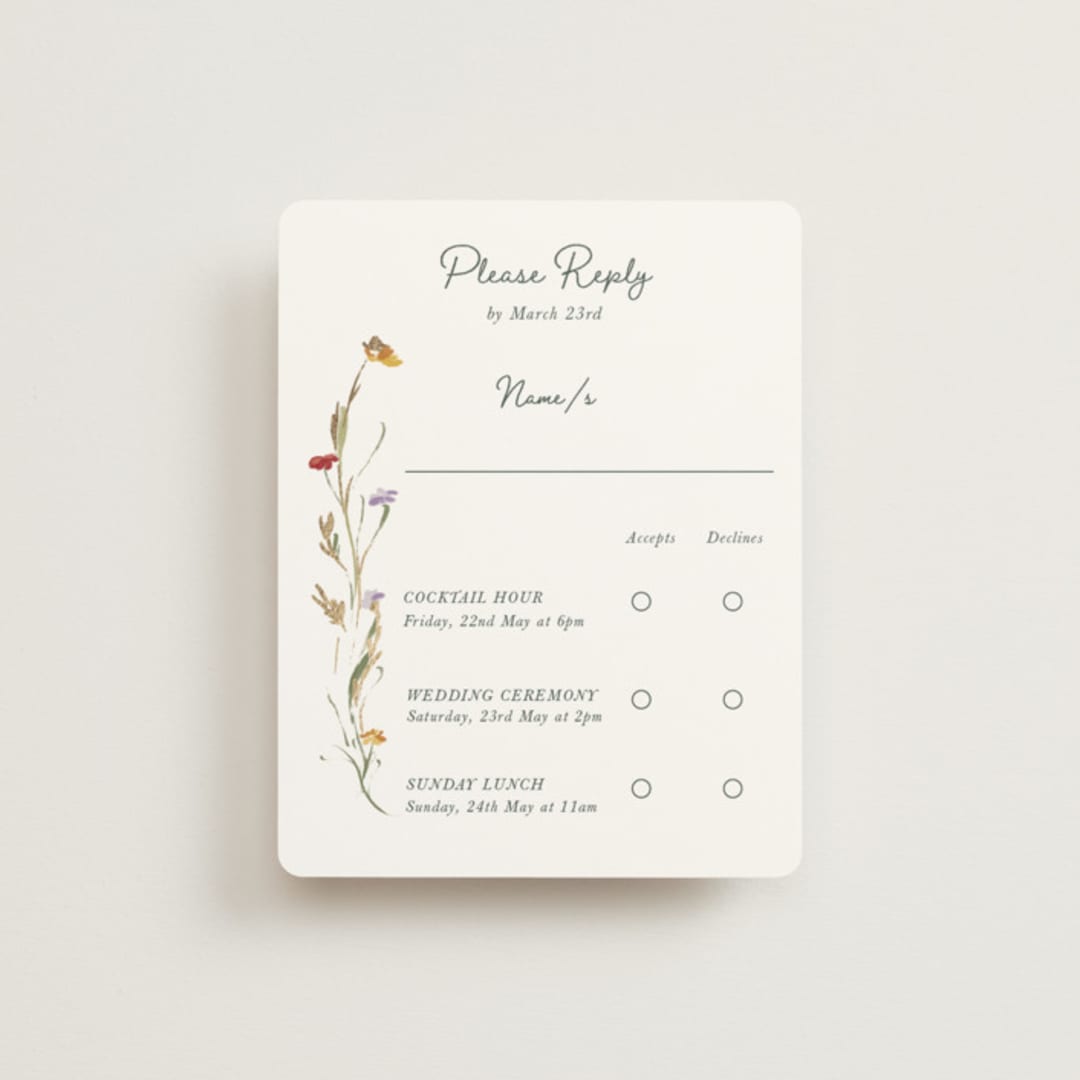 "Coastal Bloom" - Foil-Pressed Multi-Event RSVP Cards in Garden Green by Lucrecia Caporale - Front