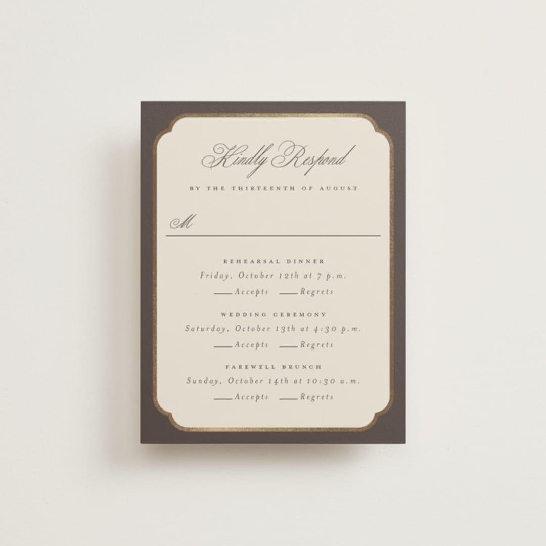 "Arch Frame" - Foil-Pressed Multi-Event RSVP Cards in Cognac by Emily Betts - Front