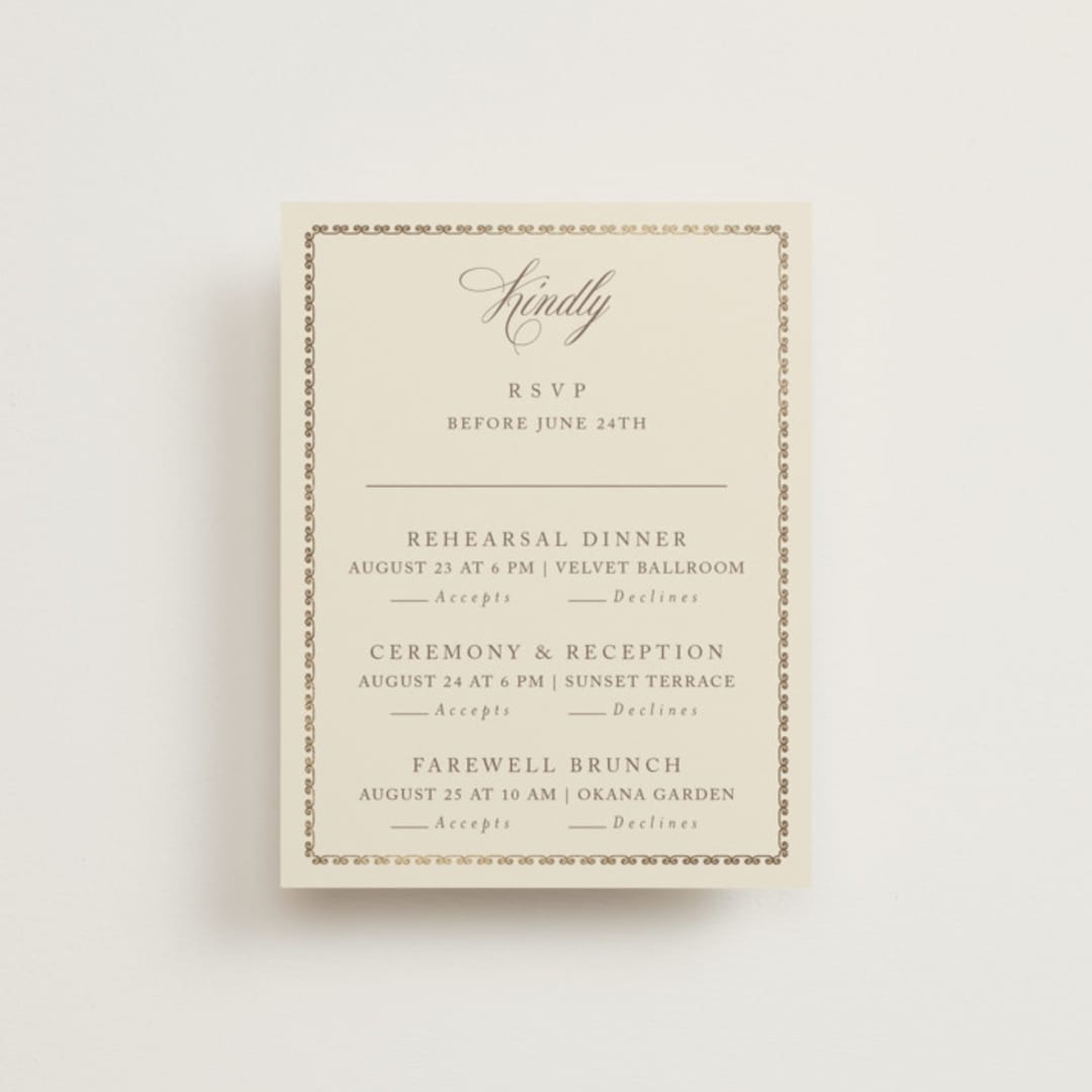"Ahlum" - Foil-Pressed Multi-Event RSVP Cards in Champagne by Deynaaz Daraei - Front