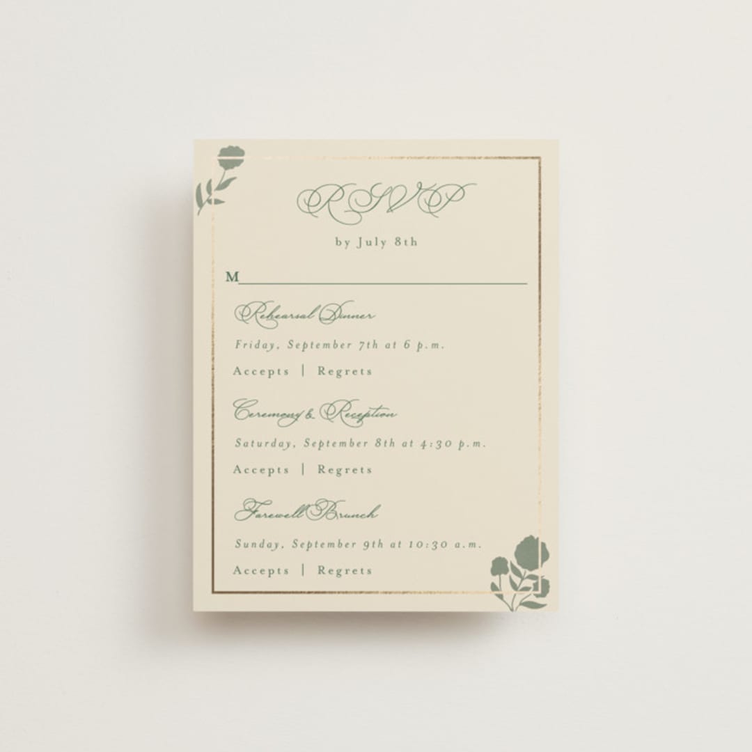 "Vintage Oval" - Foil-Pressed Multi-Event RSVP Cards in Rosemary by Emily Betts - Front