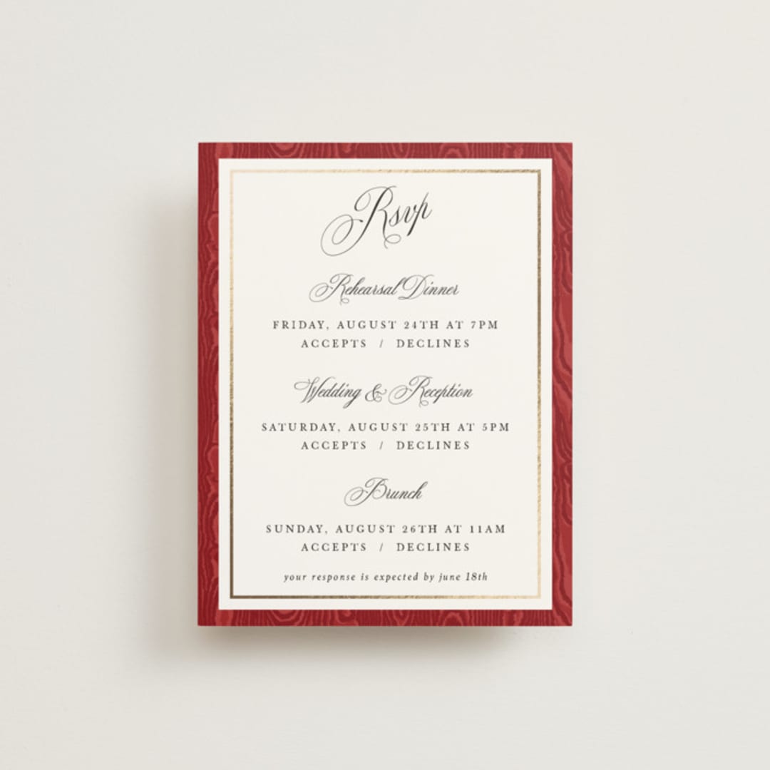 "Moiré" - Foil-Pressed Multi-Event RSVP Cards in Crimson by Studio Suku - Front