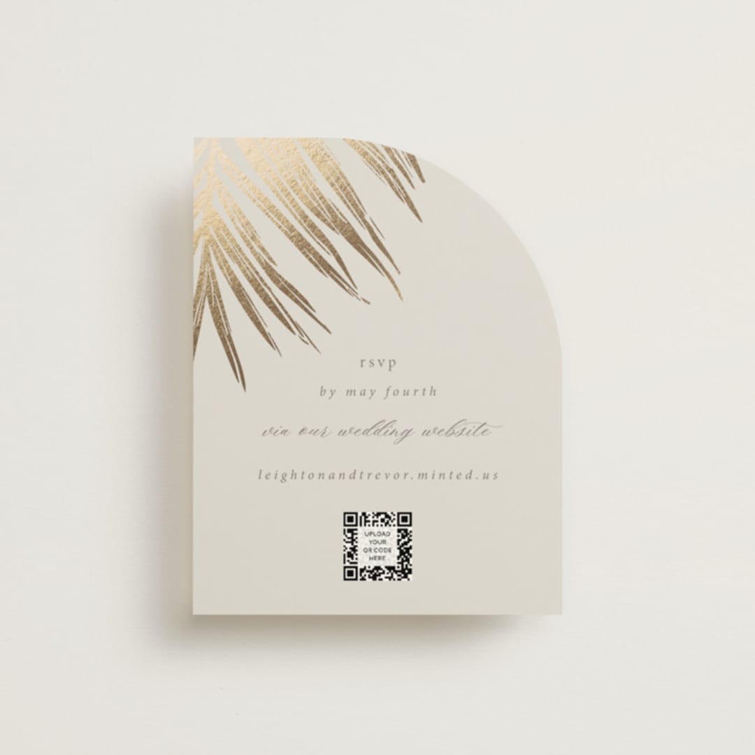 "Gilded Palm" - Foil-Pressed RSVP Online Enclosure Cards in Sand by Melinda Denison - Front