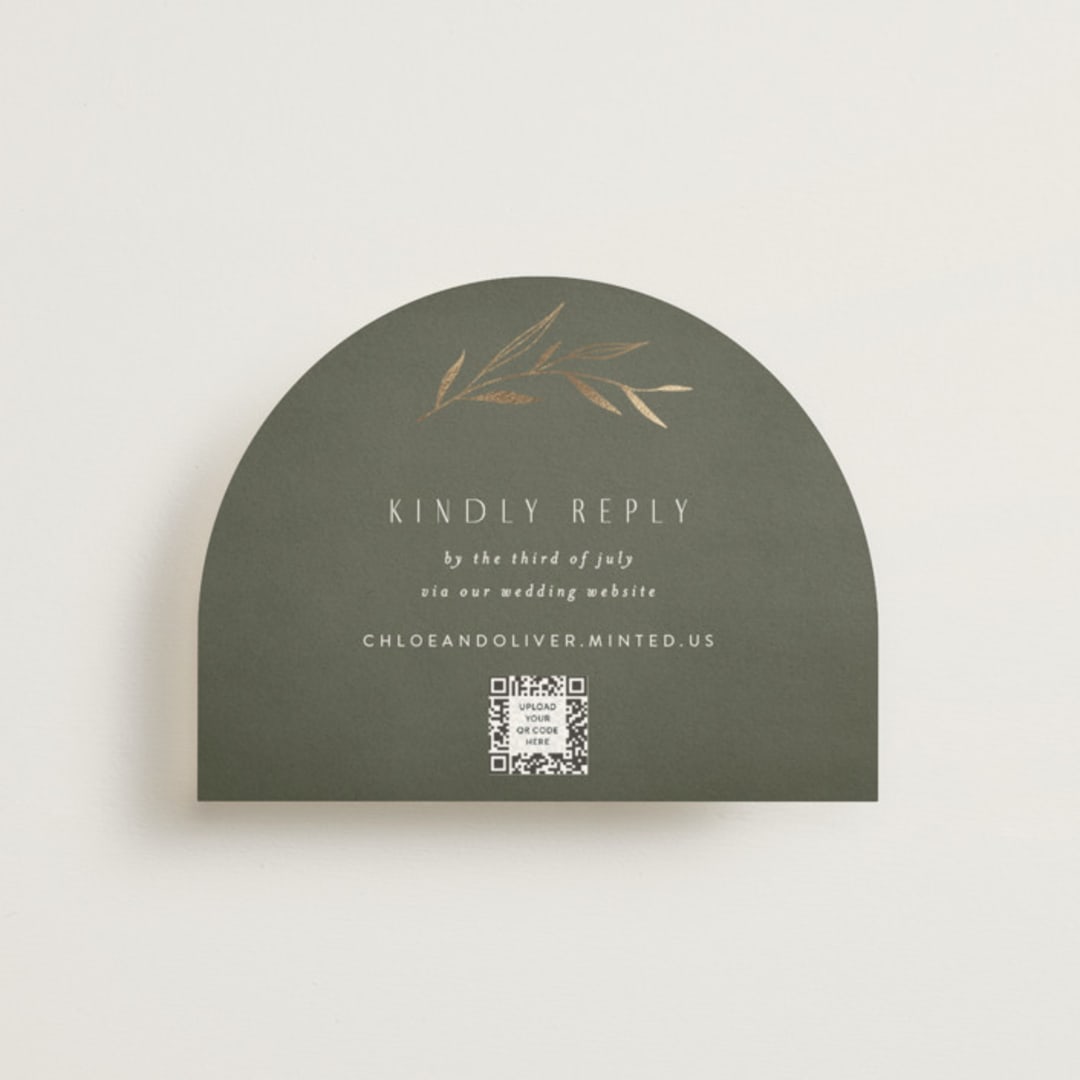 "Botanical Arches" - Foil-Pressed RSVP Online Enclosure Cards in Moss by Kelly Schmidt - Front