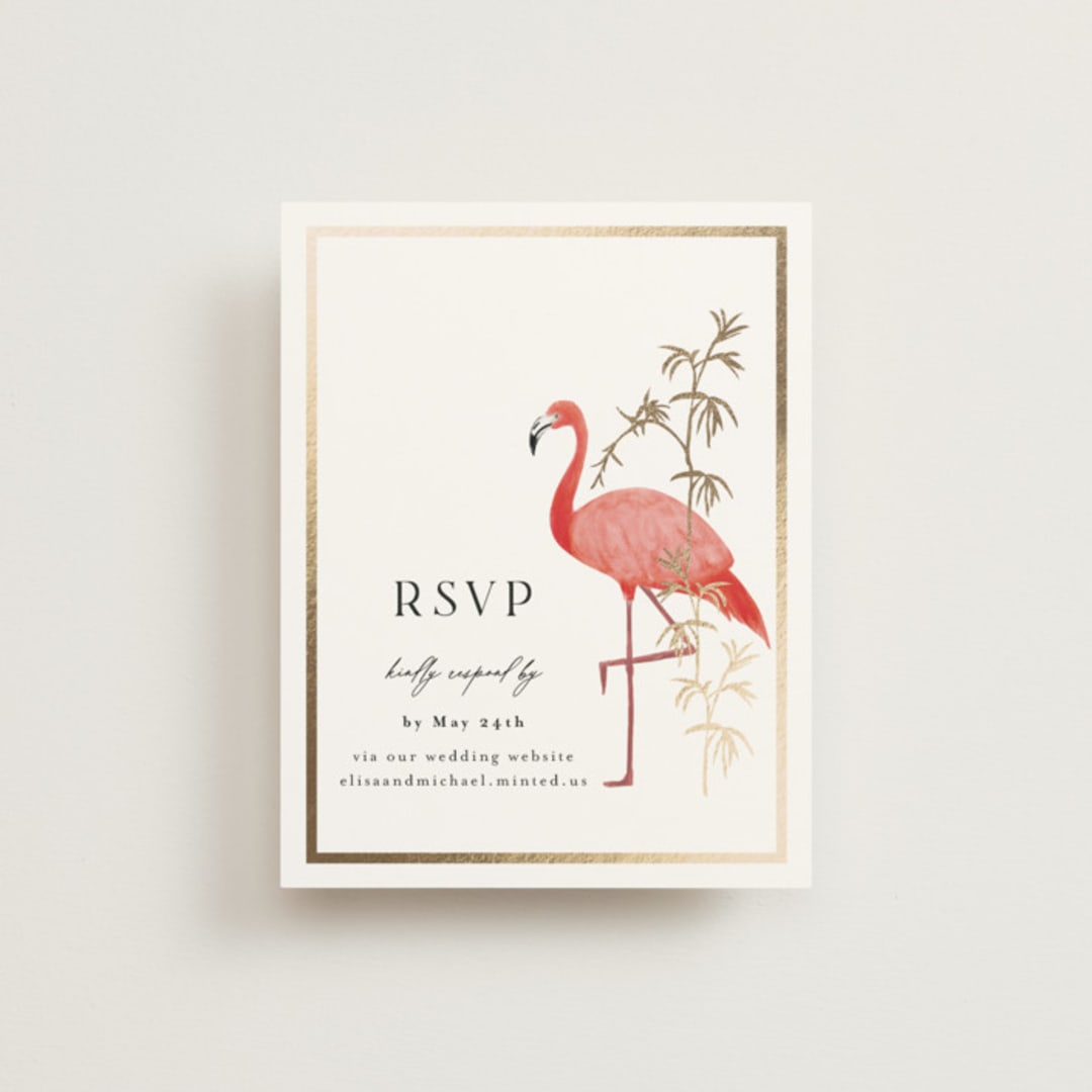 "Tropica" - Foil-Pressed RSVP Online Enclosure Cards in Papaya by Susan Moyal - Front