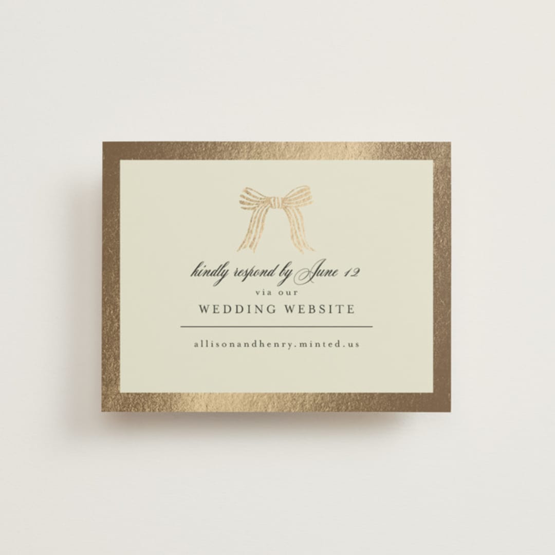 "All Tied Up" - Foil-Pressed RSVP Online Enclosure Cards in Champagne by Chris Griffith - Front