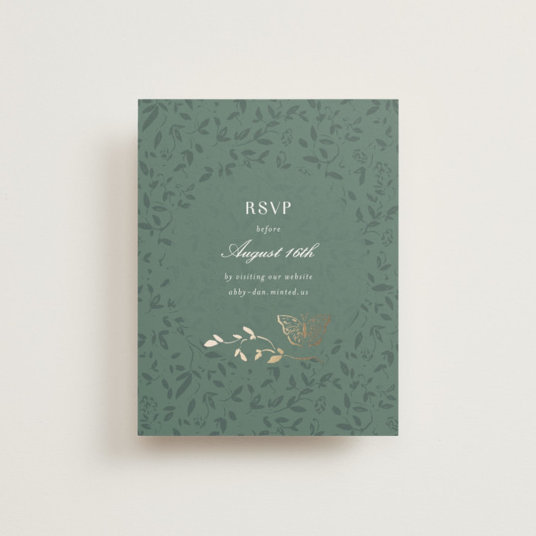 "Southern Romance" - Foil-Pressed RSVP Online Enclosure Cards in Eucalyptus by Simona Camp - Front