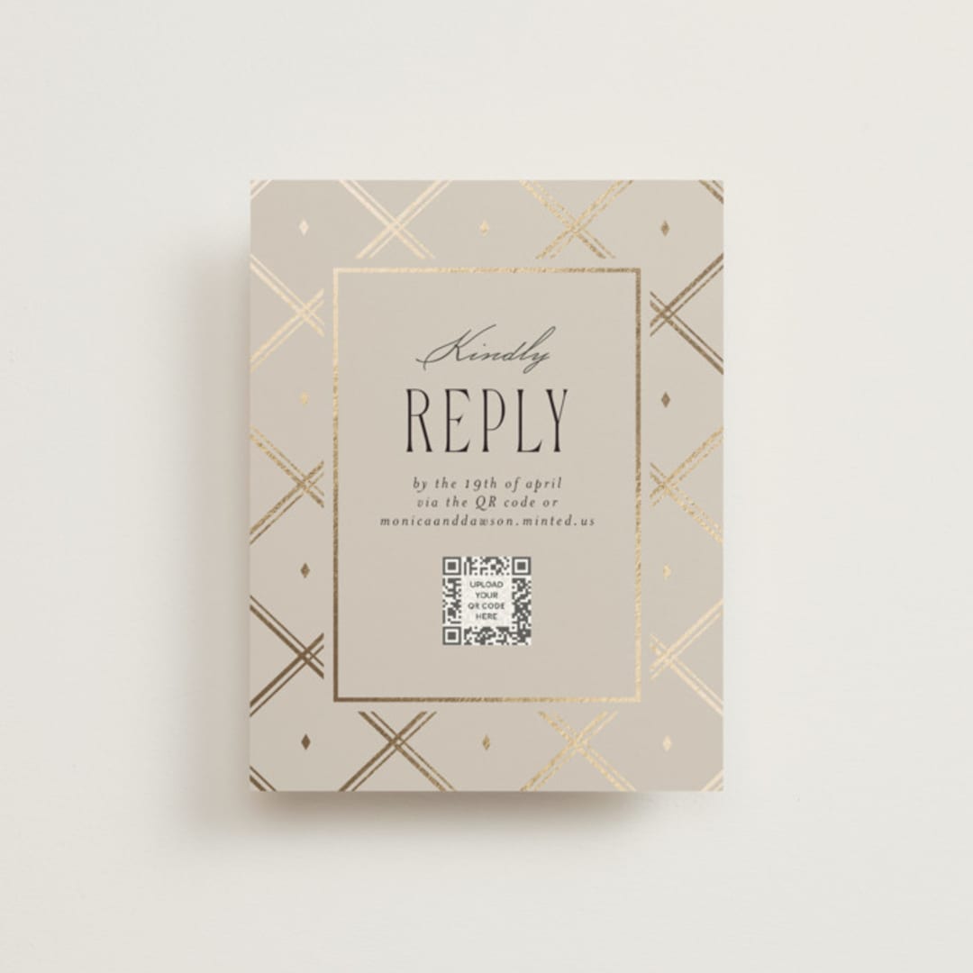 "Luxe Lines" - Foil-Pressed RSVP Online Enclosure Cards in Champagne by Kristin Oliversen - Front