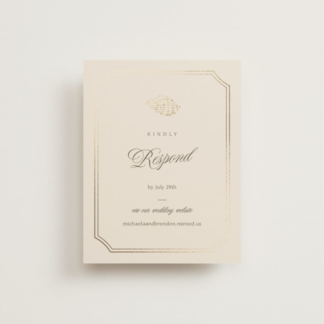 "Seaside" - Foil-Pressed RSVP Online Enclosure Cards in Champagne by Griffinbell Paper Co. - Front