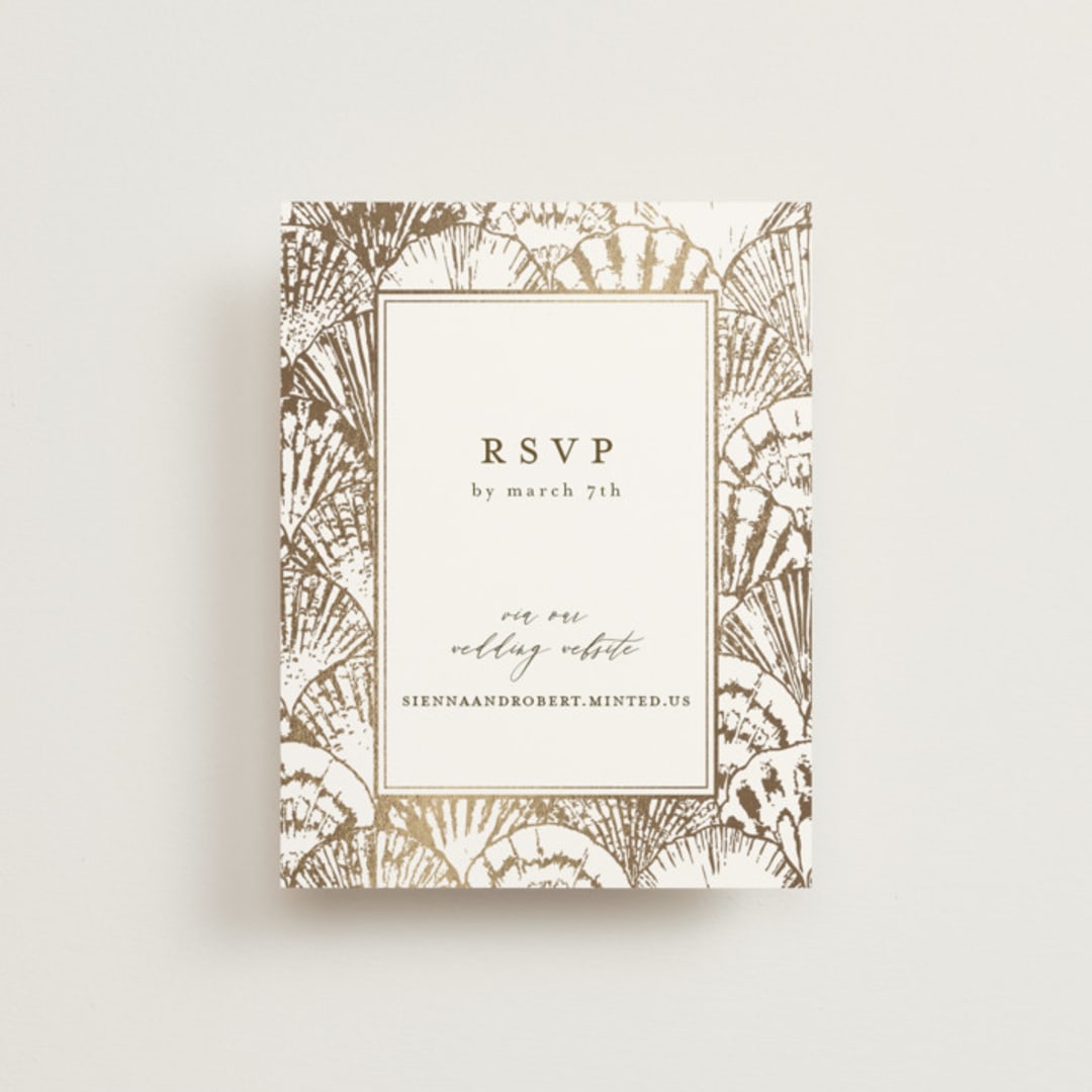 "By the Seashore" - Foil-Pressed RSVP Online Enclosure Cards in Pearl by Maria Alou - Front