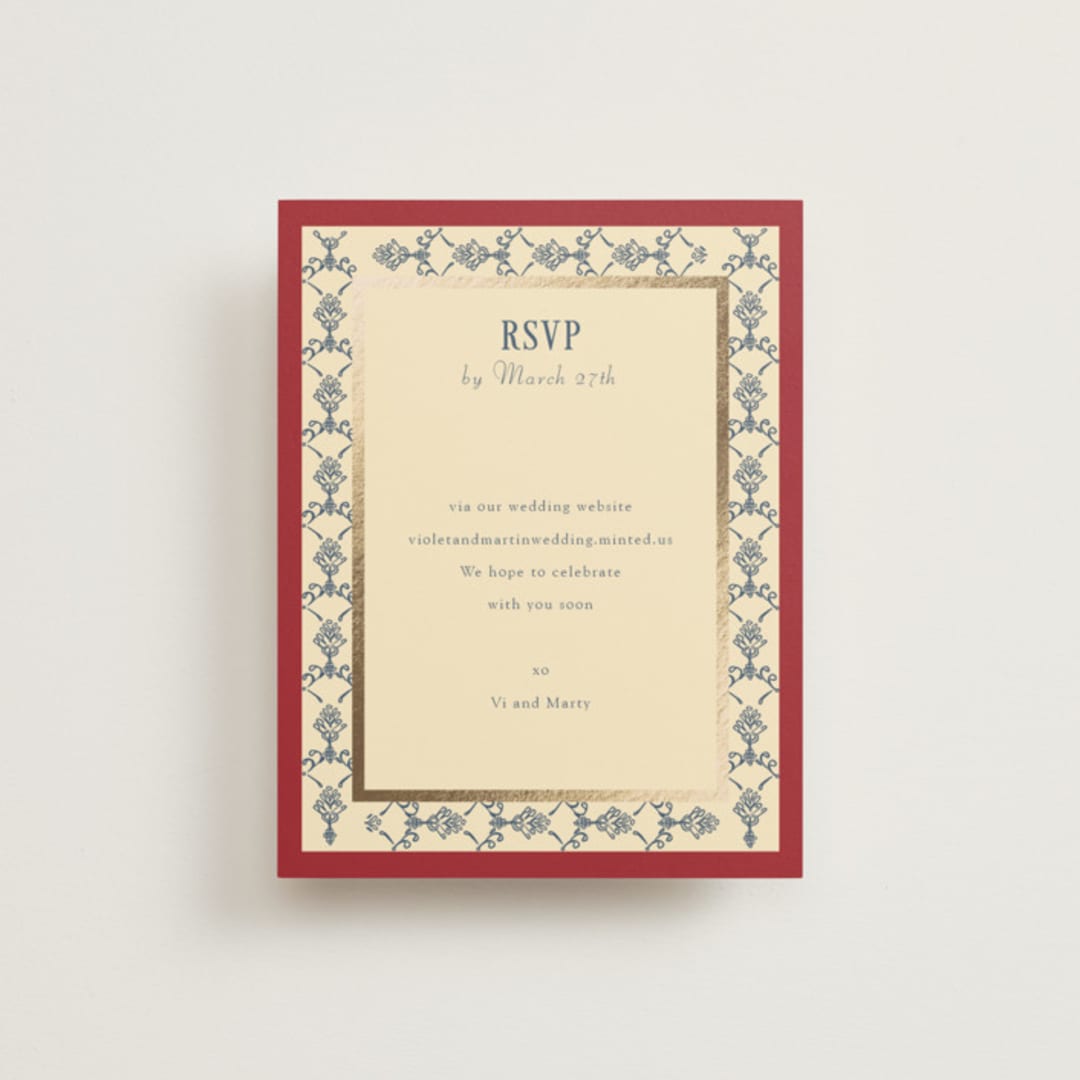 "Woven" - Foil-Pressed RSVP Online Enclosure Cards in Navy by Baumbirdy - Front