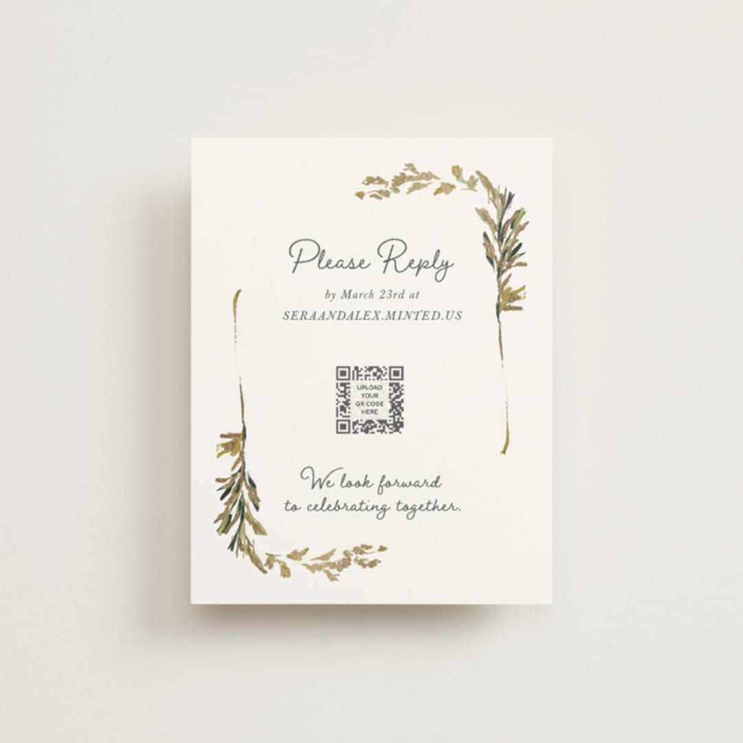 "Coastal Bloom" - Foil-Pressed RSVP Online Enclosure Cards in Garden Green by Lucrecia Caporale - Front