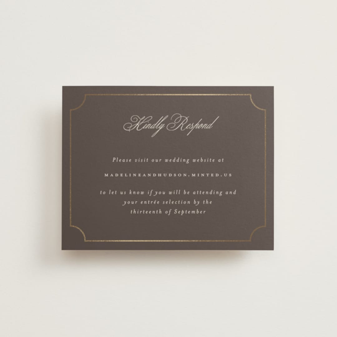 "Arch Frame" - Foil-Pressed RSVP Online Enclosure Cards in Cognac by Emily Betts - Front