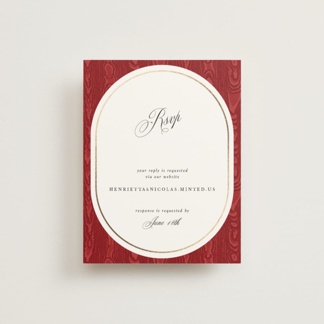 "Moiré" - Foil-Pressed RSVP Online Enclosure Cards in Crimson by Studio Suku - Front