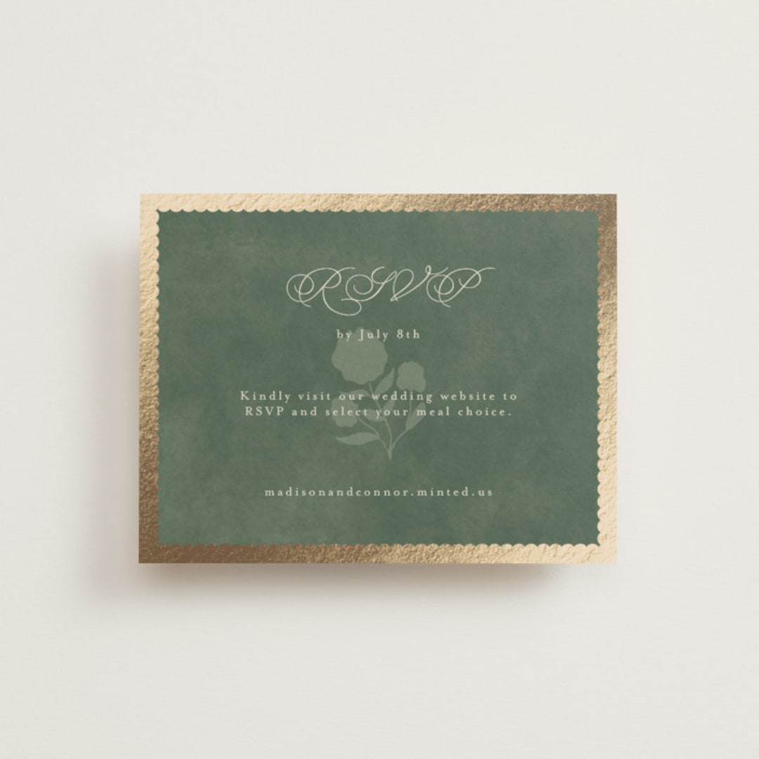 "Vintage Oval" - Foil-Pressed RSVP Online Enclosure Cards in Rosemary by Emily Betts - Front
