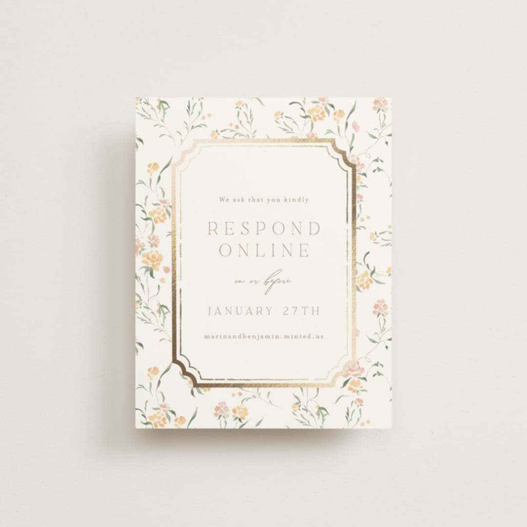 "Victorian Trellis" - Foil-Pressed RSVP Online Enclosure Cards in Golden Summer by Erin L. Wilson - Front