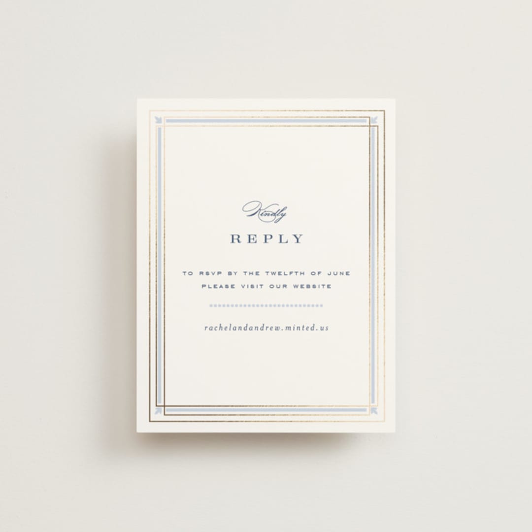 "Aurelia" - Foil-Pressed RSVP Online Enclosure Cards in Dusty Blue by Janean Hinger - Front