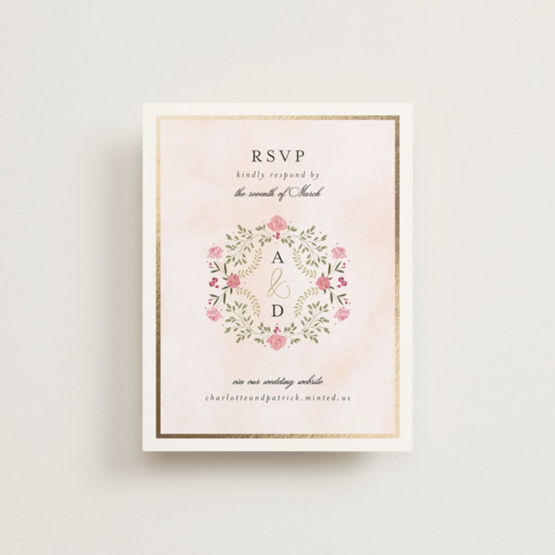 "Embrace" - Foil-Pressed RSVP Online Enclosure Cards in Peony by Susan Moyal - Front