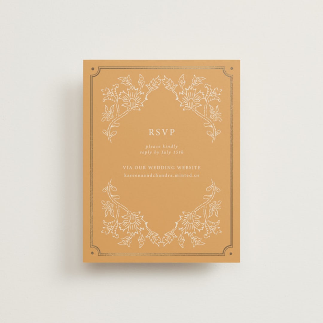"Marigold" - Foil-Pressed RSVP Online Enclosure Cards in Ochre by Hannah Bowman - Front